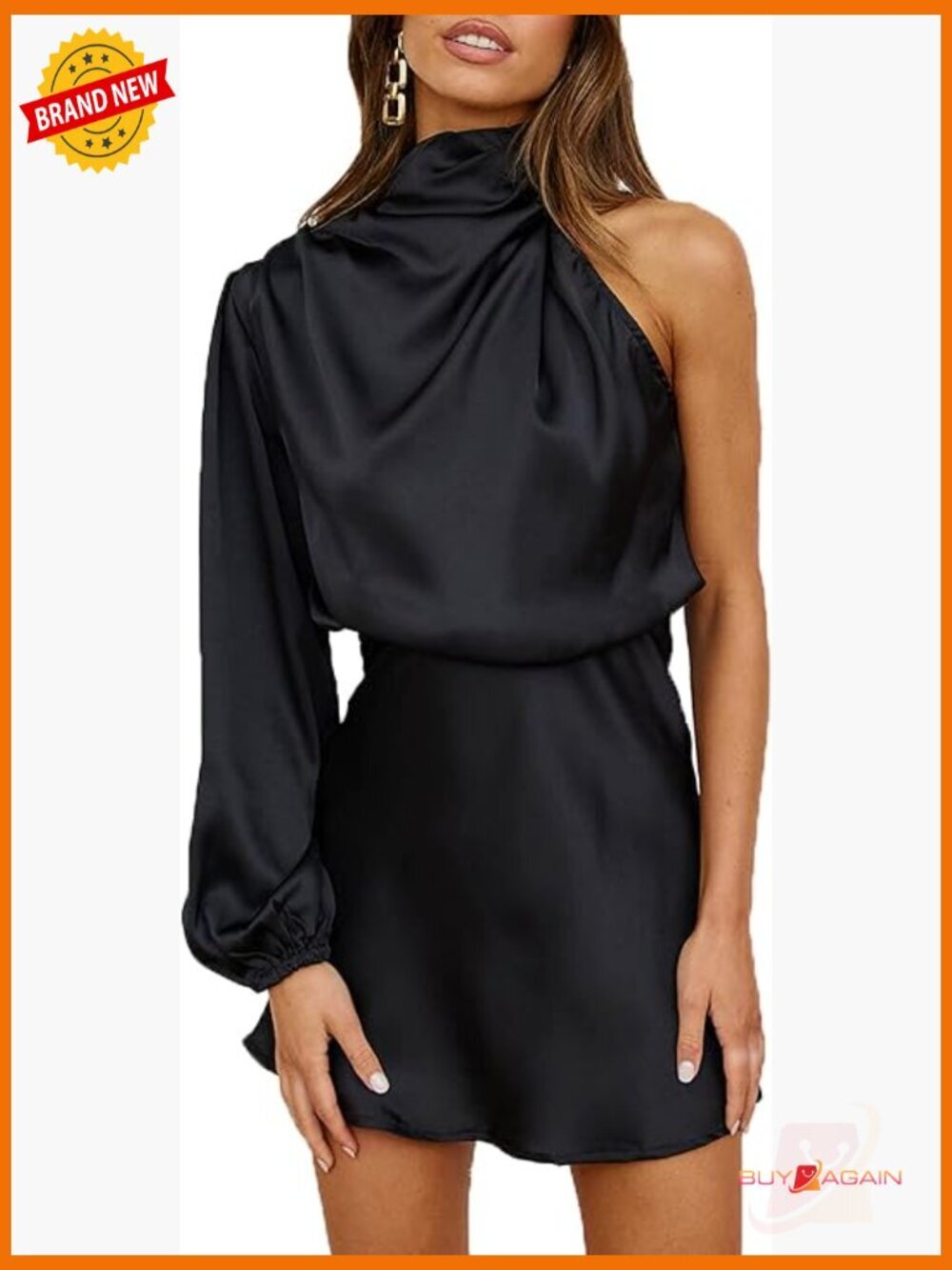 Satin Long Sleeve One Shoulder Mini Dress with Back Cutout